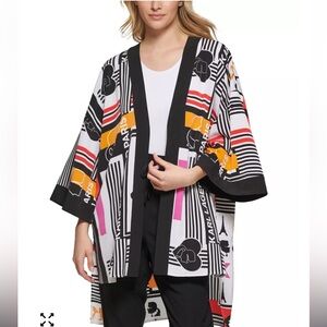 Karl Lagerfeld Paris Graphic Cityskape Open Front 3/4 Sleeves Logo Kimono